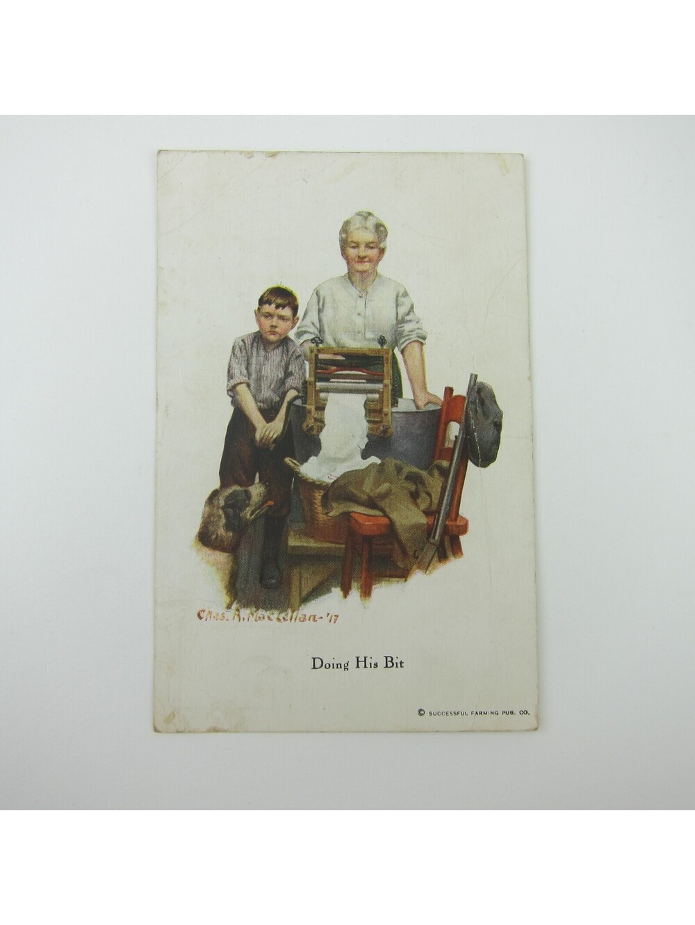 Postcard Old Woman Boy Doing Laundry & Dog Artist Charles MacLelian Antique